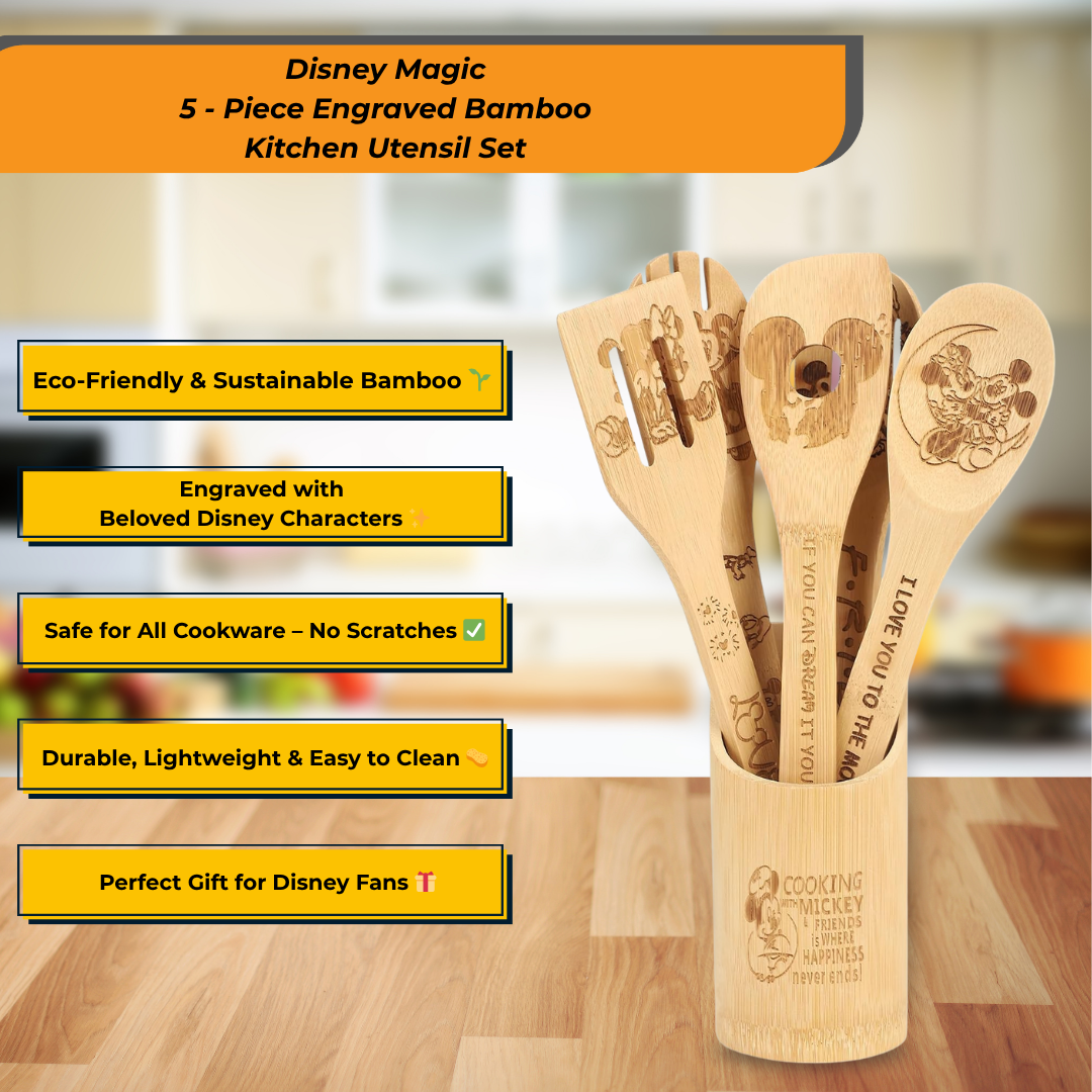 Disney Magic – 5-Piece Engraved Bamboo Kitchen Utensil Set