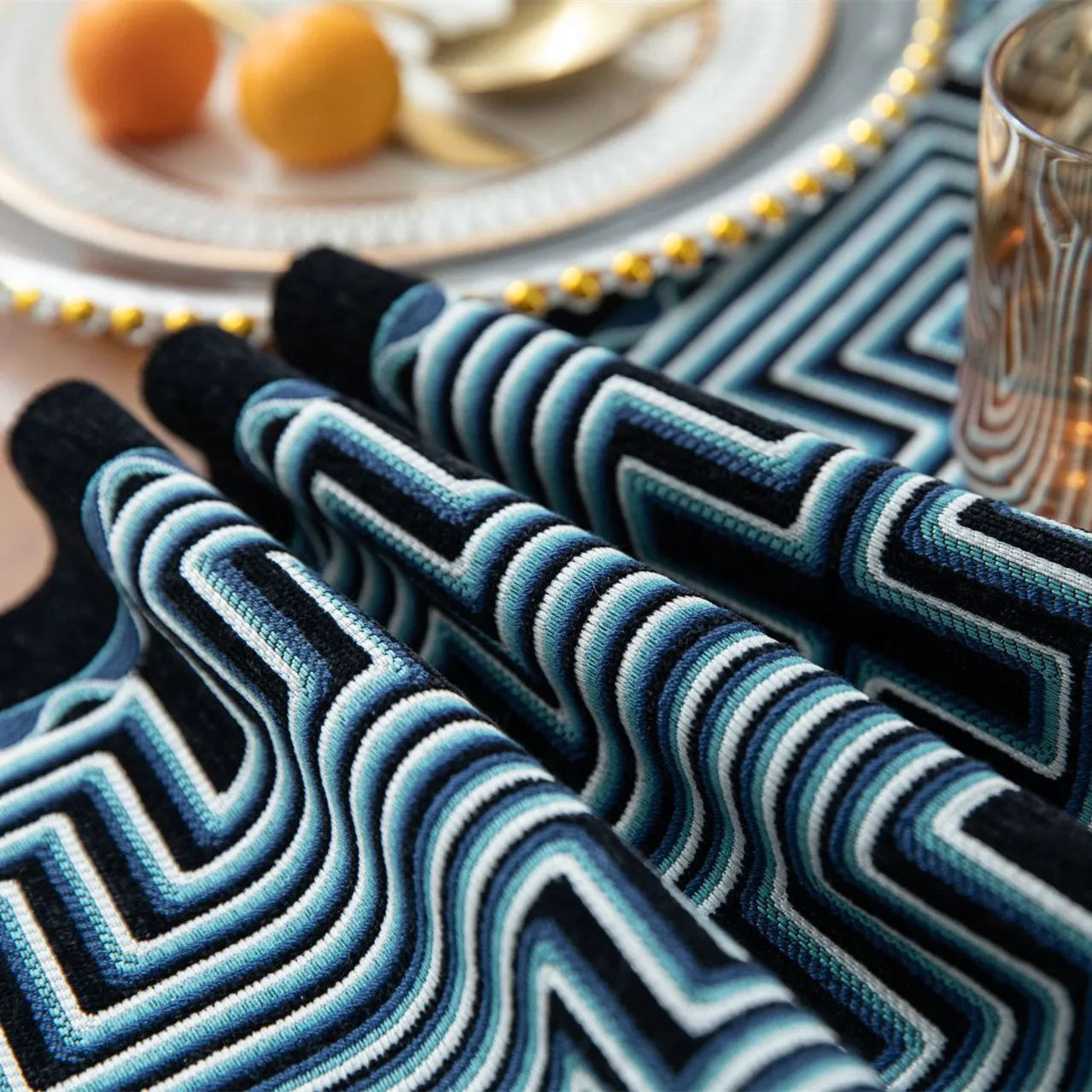 GeoTassel™ – Geometric Jacquard Table Runner