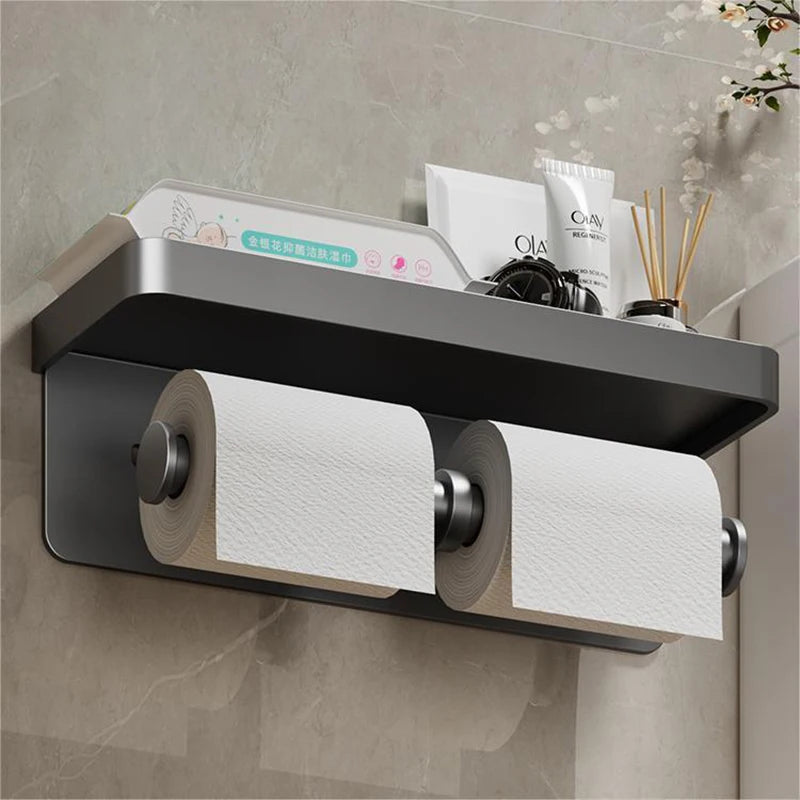 Premium Aluminum Alloy Toilet Paper Holder – With Phone Shelf & Towel Hook