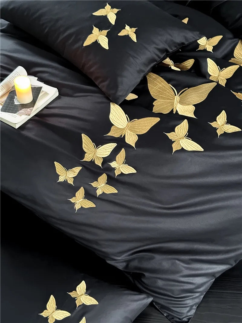 Farfalla Oro Embroidery Bedding Set -  1000TC Egyptian Cotton Black