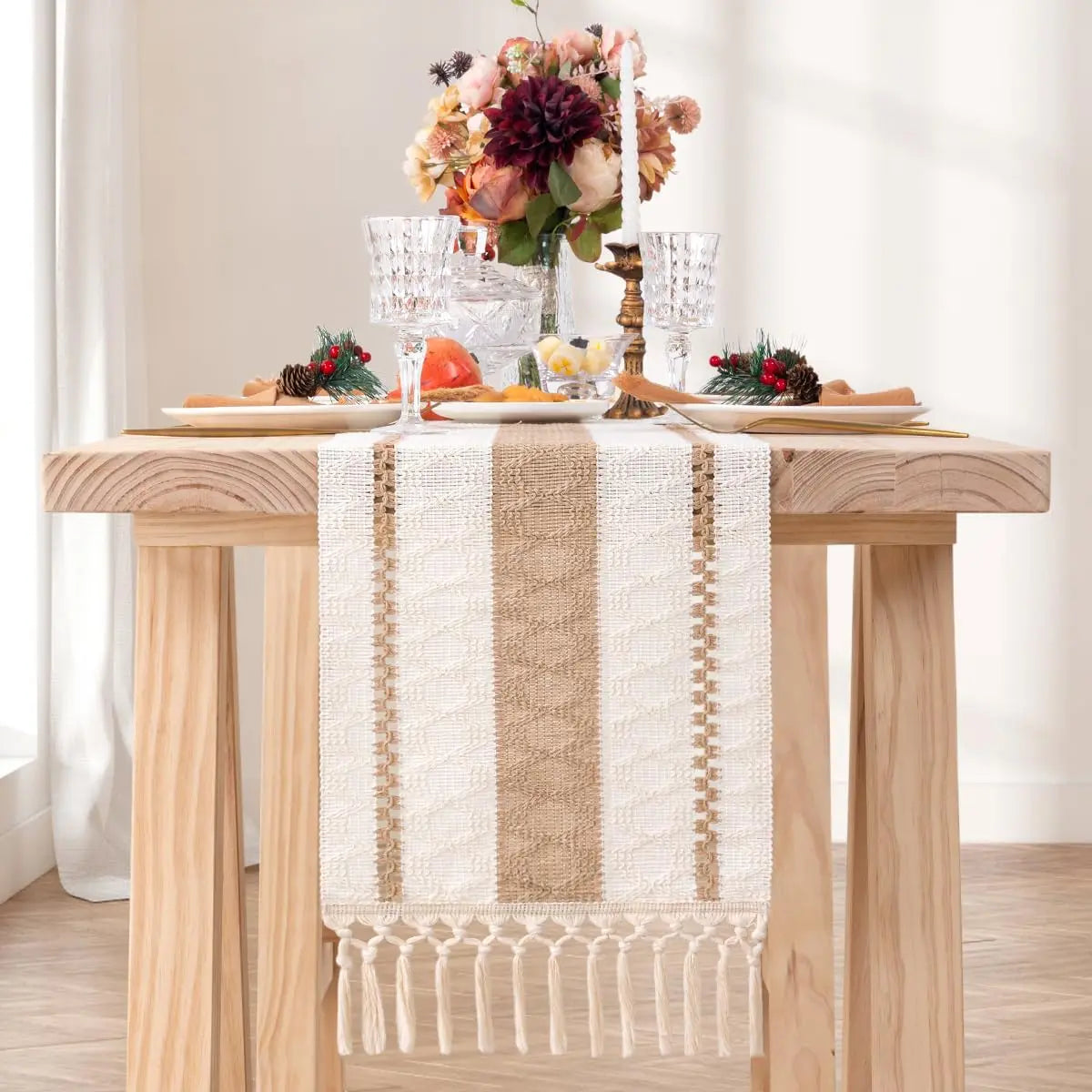 Boho Essence – Cotton Linen Table Runner with Tassels