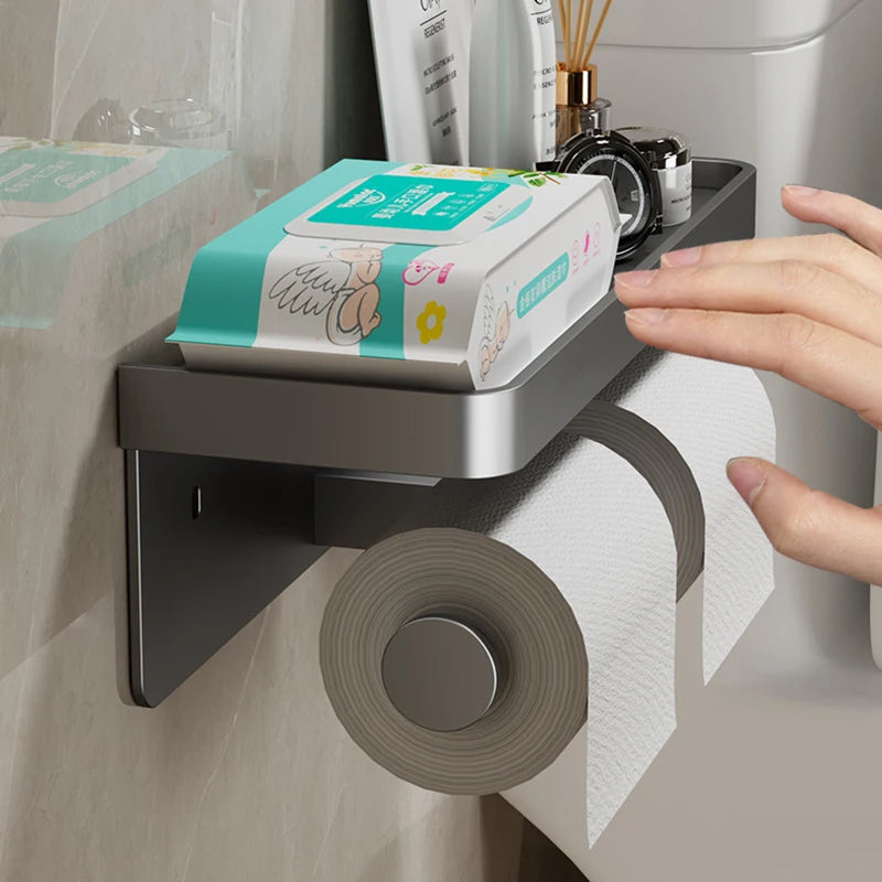 Premium Aluminum Alloy Toilet Paper Holder – With Phone Shelf & Towel Hook