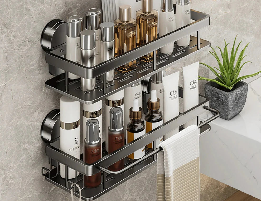 Wall-Mounted Aluminum Bath Organizer for Shampoo & Toiletries