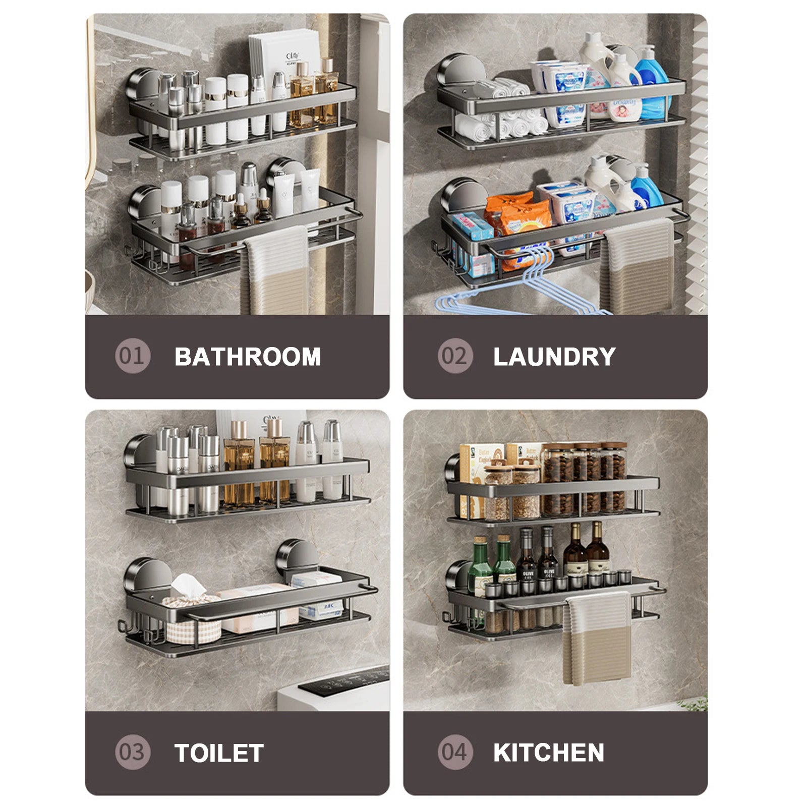 Wall-Mounted Aluminum Bath Organizer for Shampoo & Toiletries