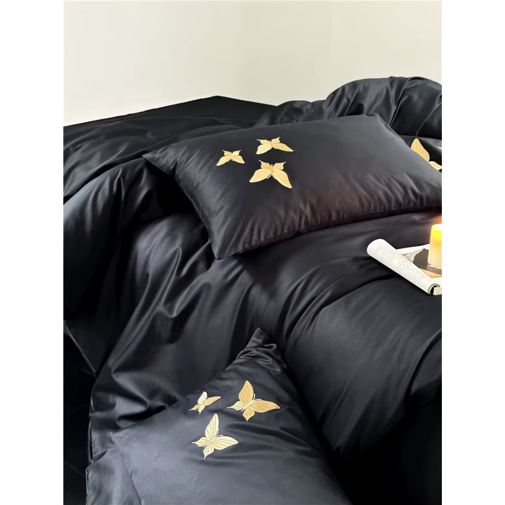 Farfalla Oro Embroidery Bedding Set -  1000TC Egyptian Cotton Black