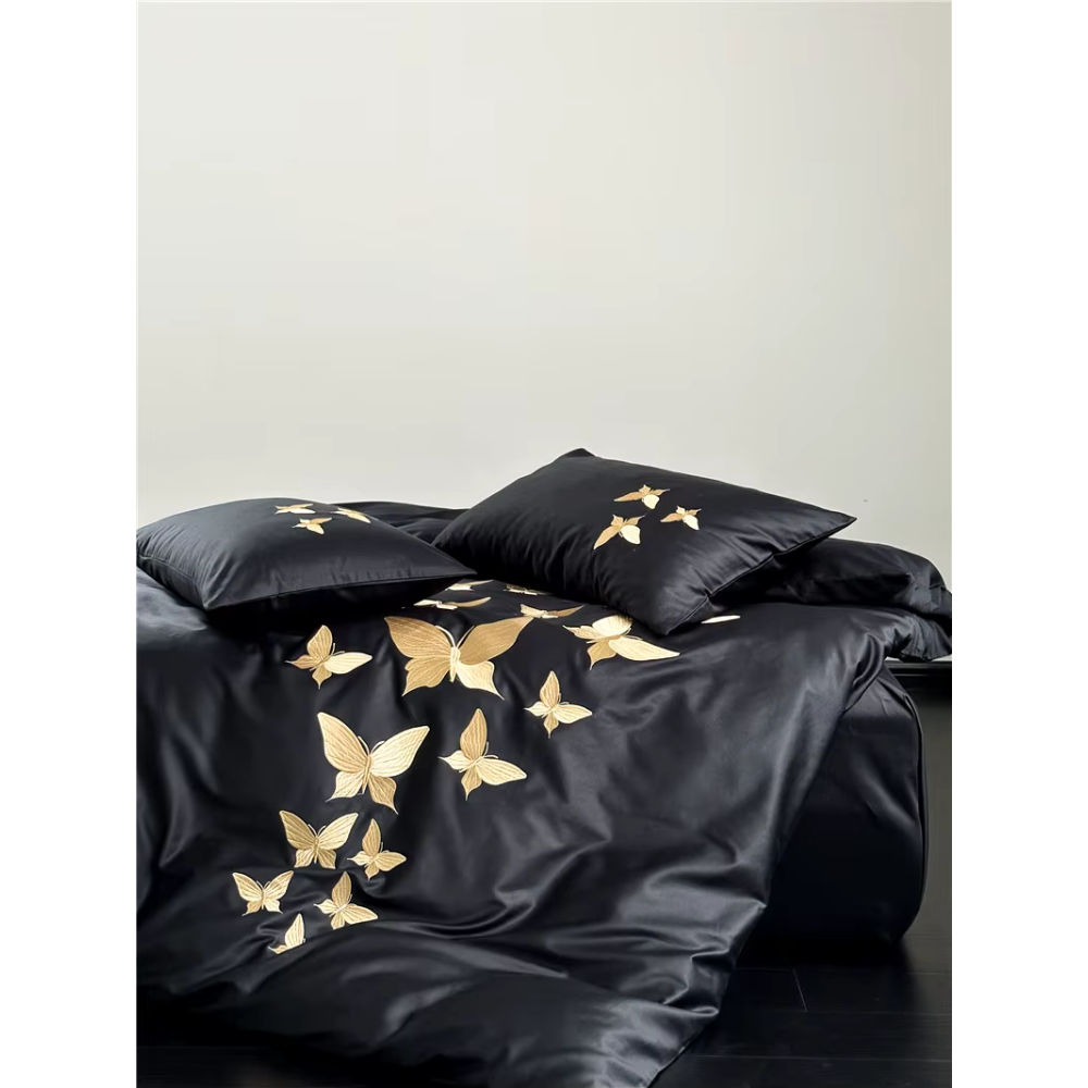 Farfalla Oro Embroidery Bedding Set -  1000TC Egyptian Cotton Black