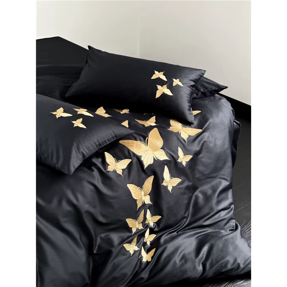 Farfalla Oro Embroidery Bedding Set -  1000TC Egyptian Cotton Black