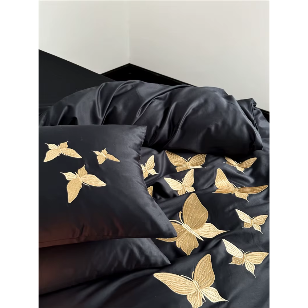 Farfalla Oro Embroidery Bedding Set -  1000TC Egyptian Cotton Black