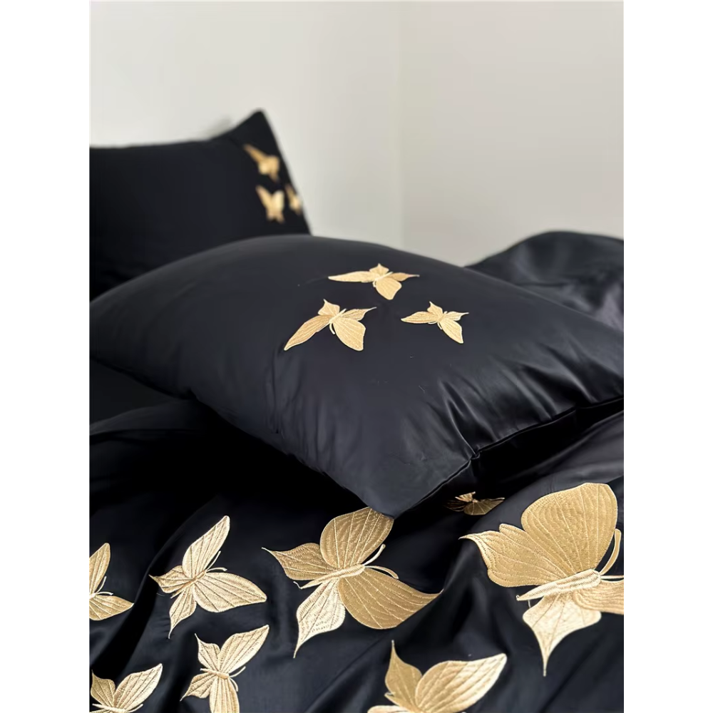 Farfalla Oro Embroidery Bedding Set -  1000TC Egyptian Cotton Black