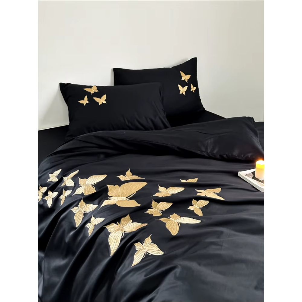 Farfalla Oro Embroidery Bedding Set -  1000TC Egyptian Cotton Black