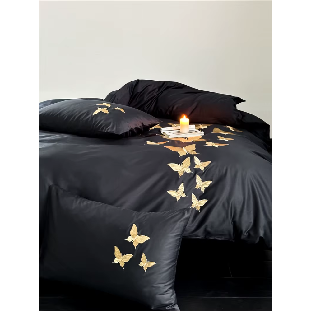 Farfalla Oro Embroidery Bedding Set -  1000TC Egyptian Cotton Black