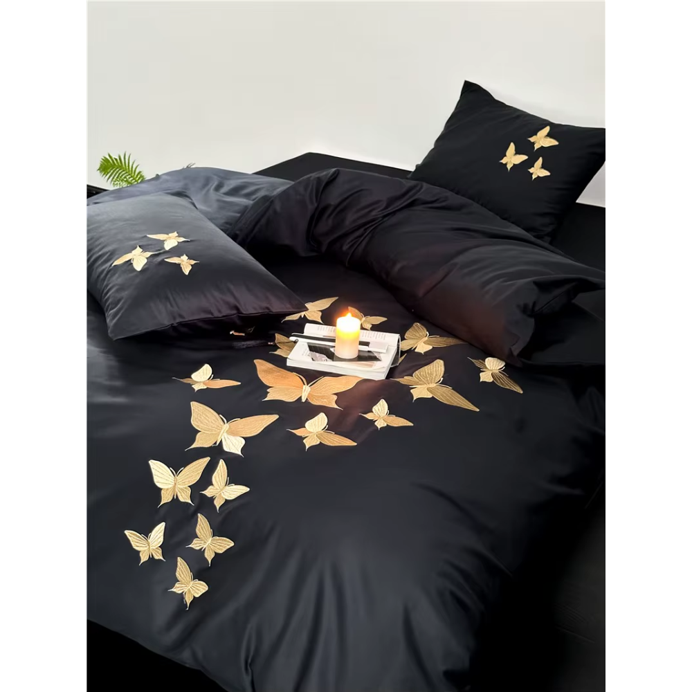 Farfalla Oro Embroidery Bedding Set -  1000TC Egyptian Cotton Black