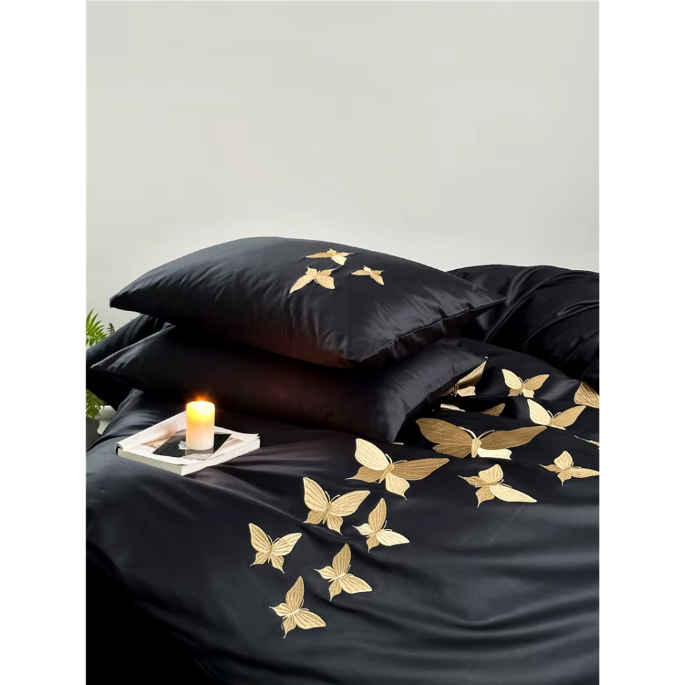 Farfalla Oro Embroidery Bedding Set -  1000TC Egyptian Cotton Black
