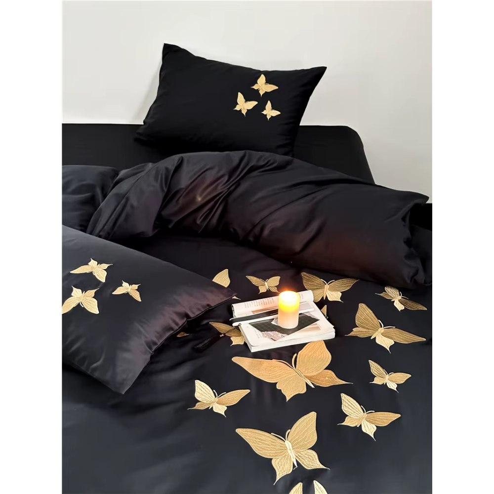 Farfalla Oro Embroidery Bedding Set -  1000TC Egyptian Cotton Black