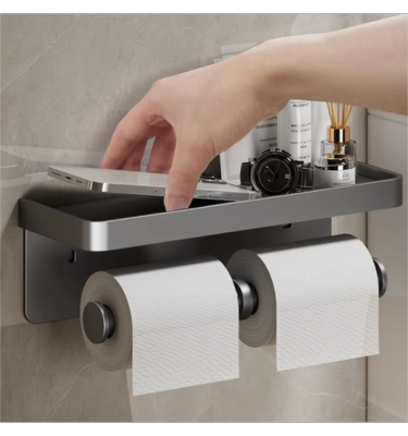 Premium Aluminum Alloy Toilet Paper Holder – With Phone Shelf & Towel Hook