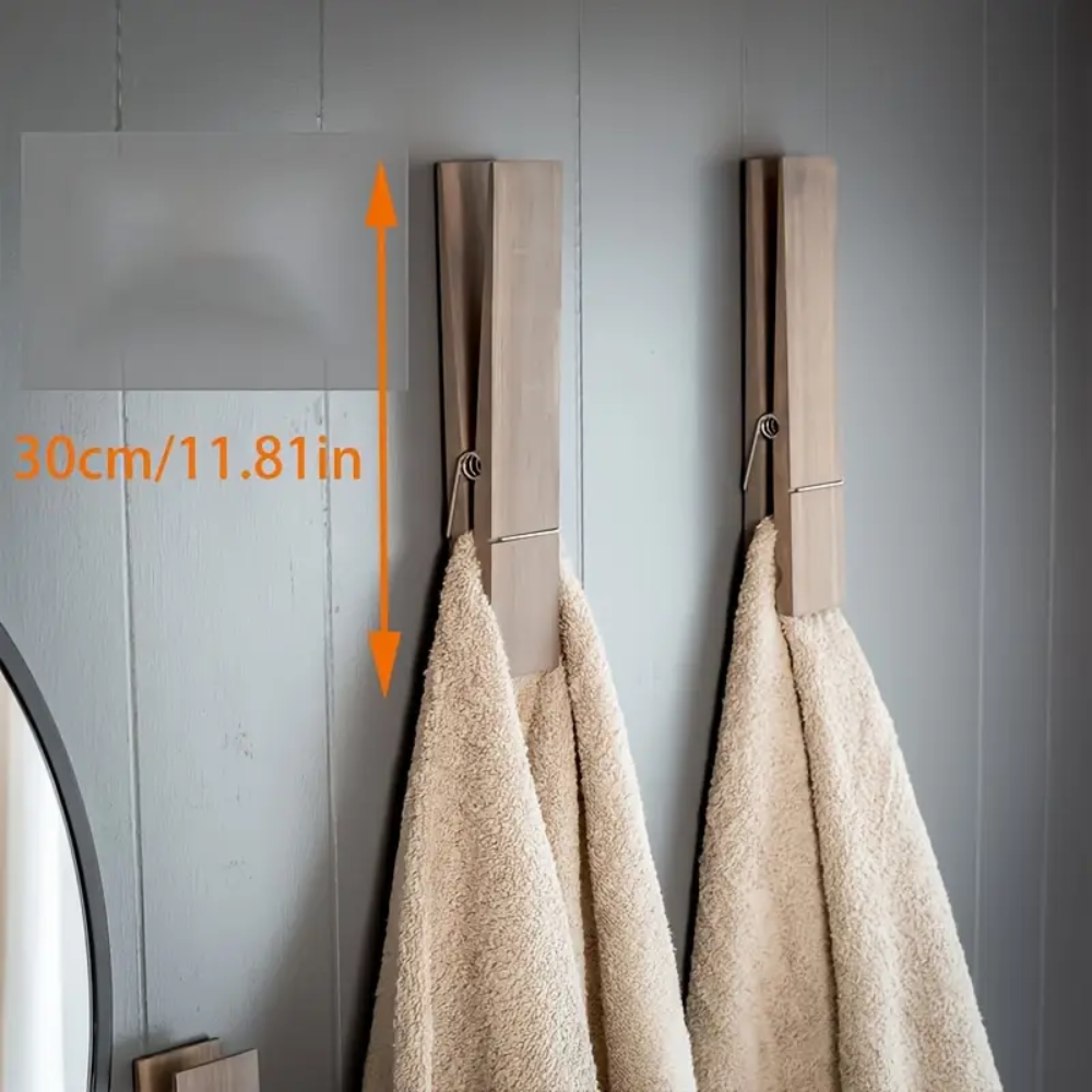 Jumbo Wooden Towel Clips – Set of 2 with Nano Adhesives | Wall-Mounted Organizer