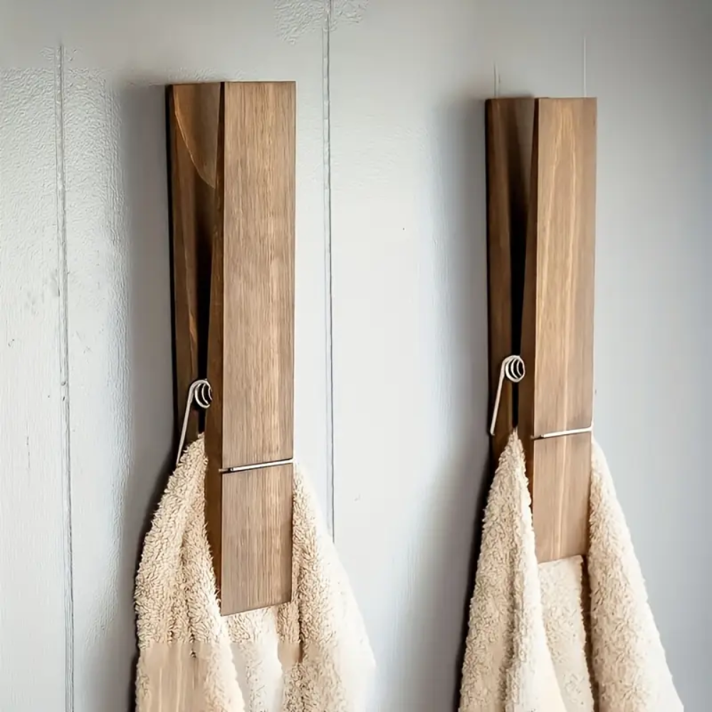 Jumbo Wooden Towel Clips – Set of 2 with Nano Adhesives | Wall-Mounted Organizer